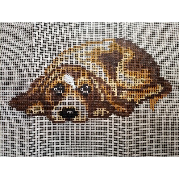 Vintage Latch Hook Rug Kit Dog Puppy Lying Down Brown 40x40cm Incomplete - Picture 4 of 13